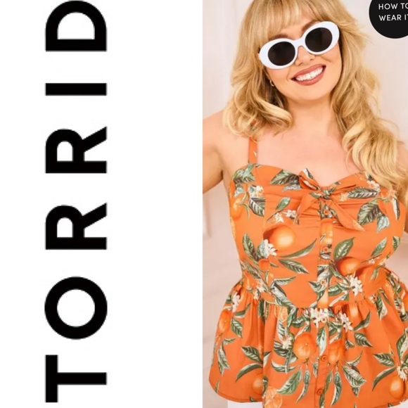 NWT TORRID Retro Chic Peplum Sweetheart Top Sleeveless Orange Groves Size M/L 10 - Picture 1 of 12